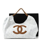 Denim Calfskin Quilted Coco Beach Small Shopping Tote Light Blue Brown