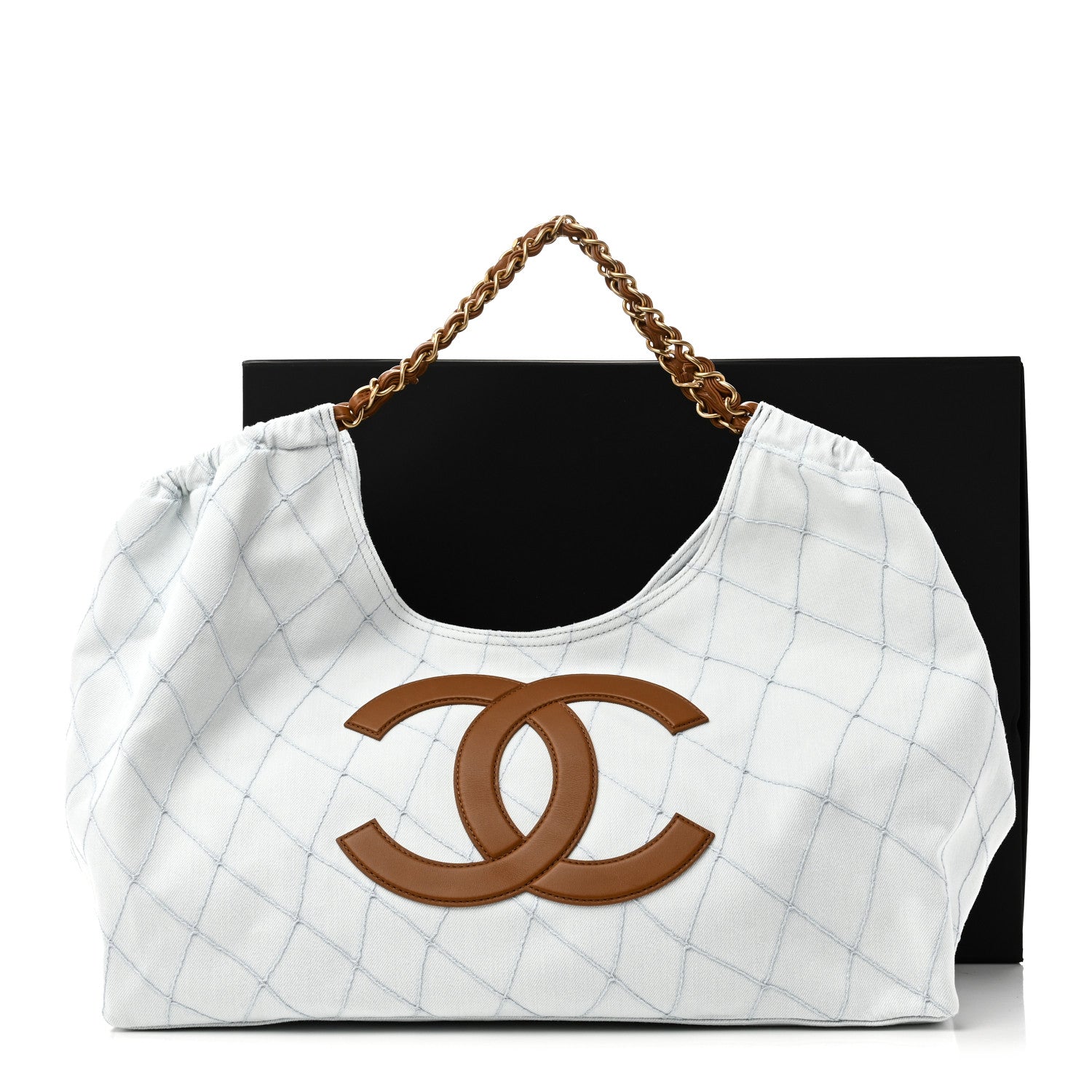 Denim Calfskin Quilted Coco Beach Small Shopping Tote Light Blue Brown