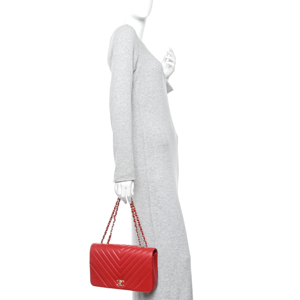 Calfskin Chevron Quilted Large Statement Flap Red