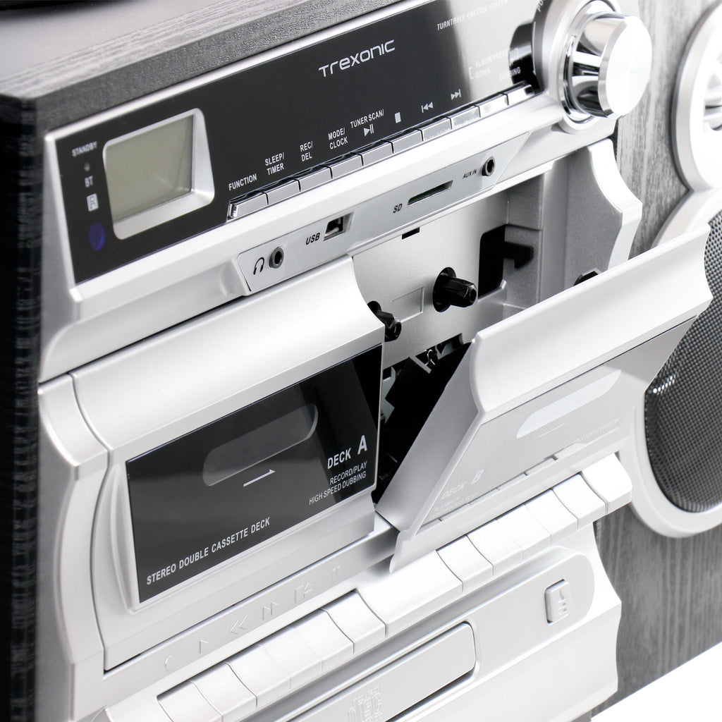 3-Speed Vinyl Turntable  Home Stereo System with CD Player, Double Cassette Player, Bluetooth, FM Radio & USB/SD Recording