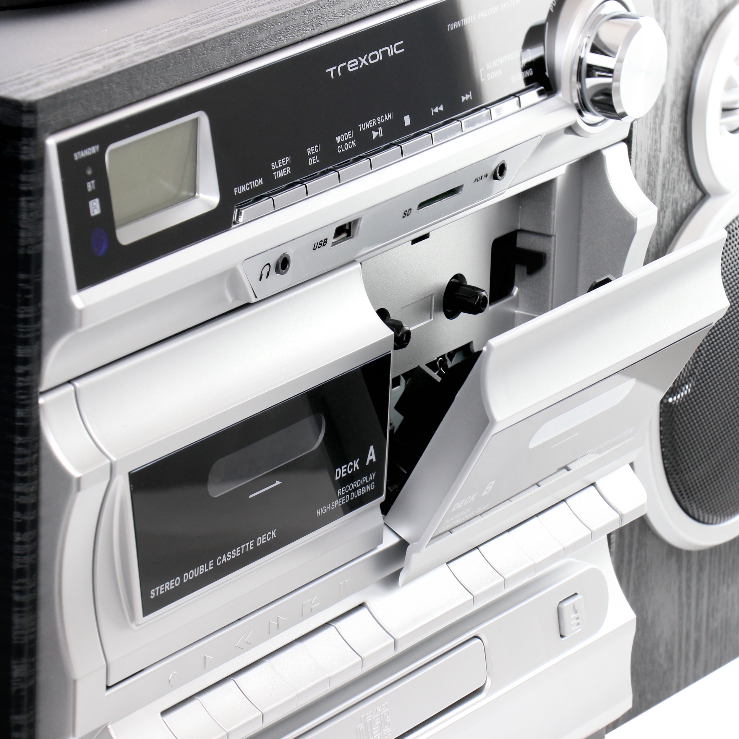 3-Speed Vinyl Turntable  Home Stereo System with CD Player, Double Cassette Player, Bluetooth, FM Radio & USB/SD Recording