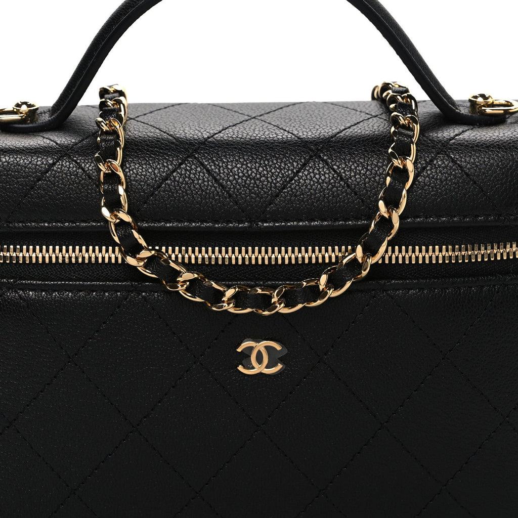 Goatskin Quilted Top Handle Slim Vanity With Chain Black