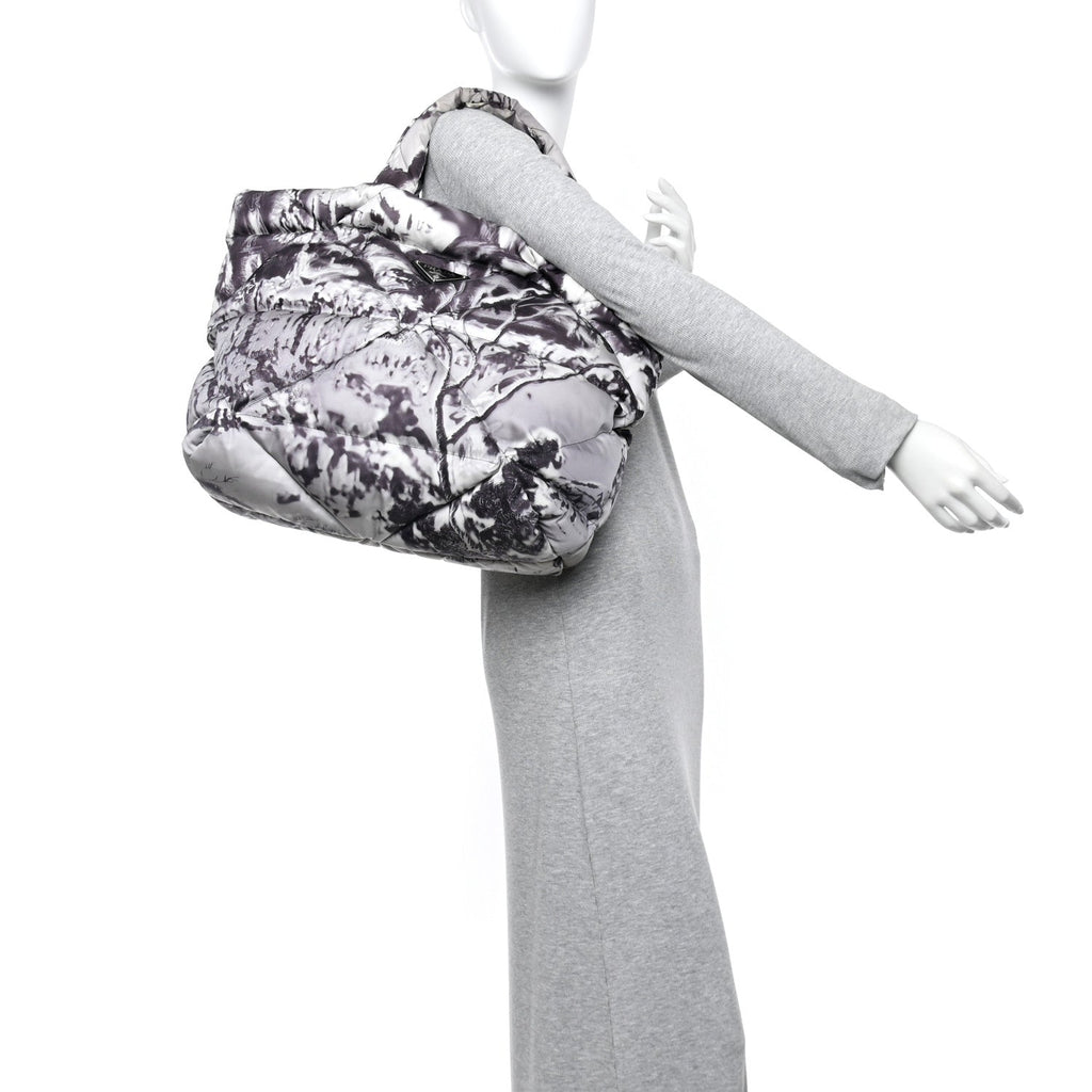 Re-Nylon Padded Printed Medium Tote Bag Black White