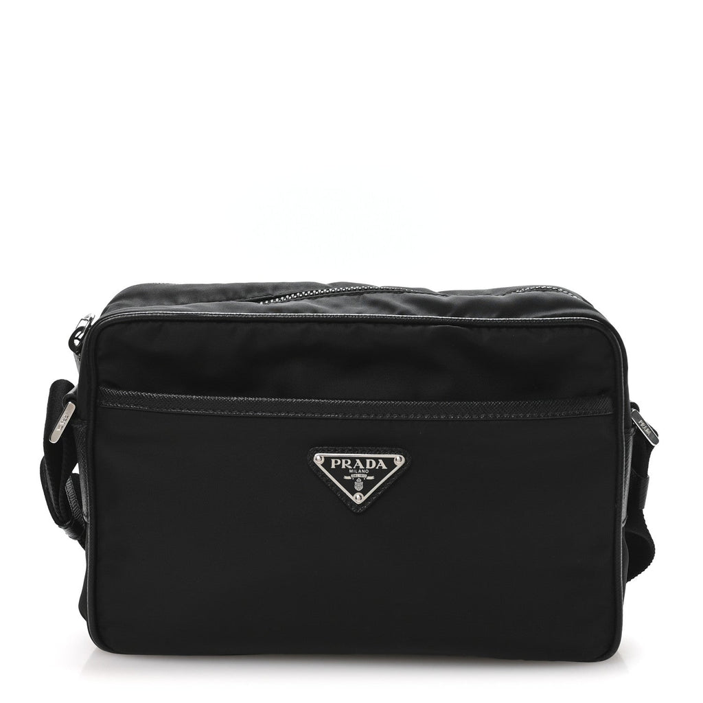 Re-Nylon Vela Saffiano Pocket Double Zip Shoulder Bag Black