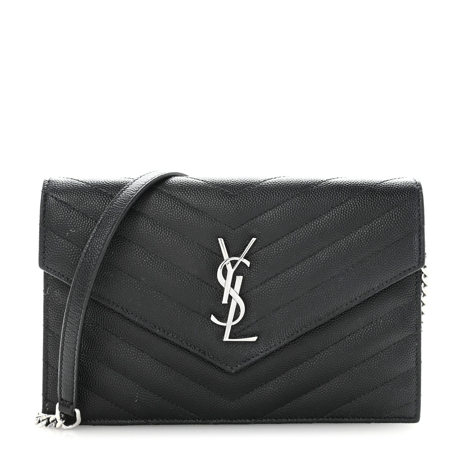 Grain De Poudre Matelasse Chevron Monogram Envelope Chain Wallet Black