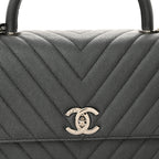 Metallic Caviar Chevron Quilted Small Coco Handle Flap Dark Silver