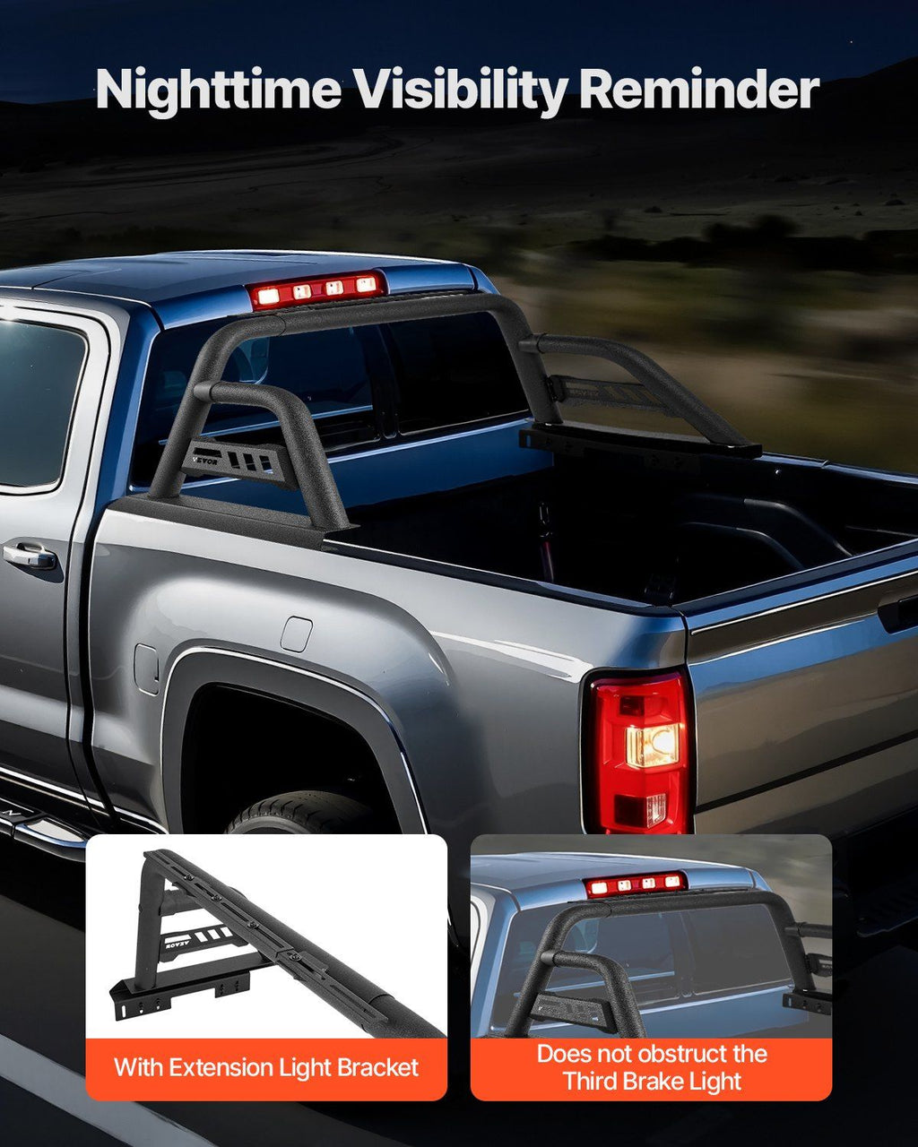 Truck Bed Roll Bar, Universal Pickup Sport Adjustable Bar Chase Rack Compatible with Full-Size Truck, Carbon Steel Construction with Extension Light Bracket, No Light, Rack Included