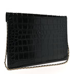 Calfskin Crocodile Embossed Croc Illusion Clutch With Chain  Black