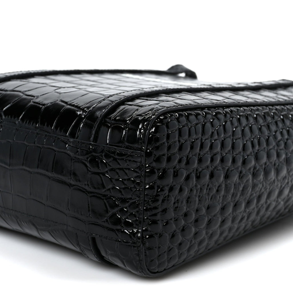 Shiny Calfskin Logo Crocodile Embossed XXS Everyday Tote  Black