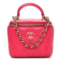 Lambskin Quilted Mini Top Handle Vanity Case With Chain Dark Pink