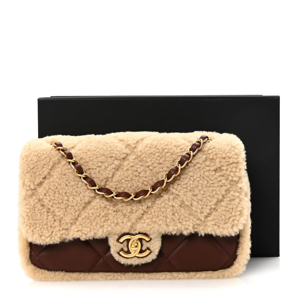 Shearling Lambskin Quilted Furry Coco Flap Beige Dark Brown