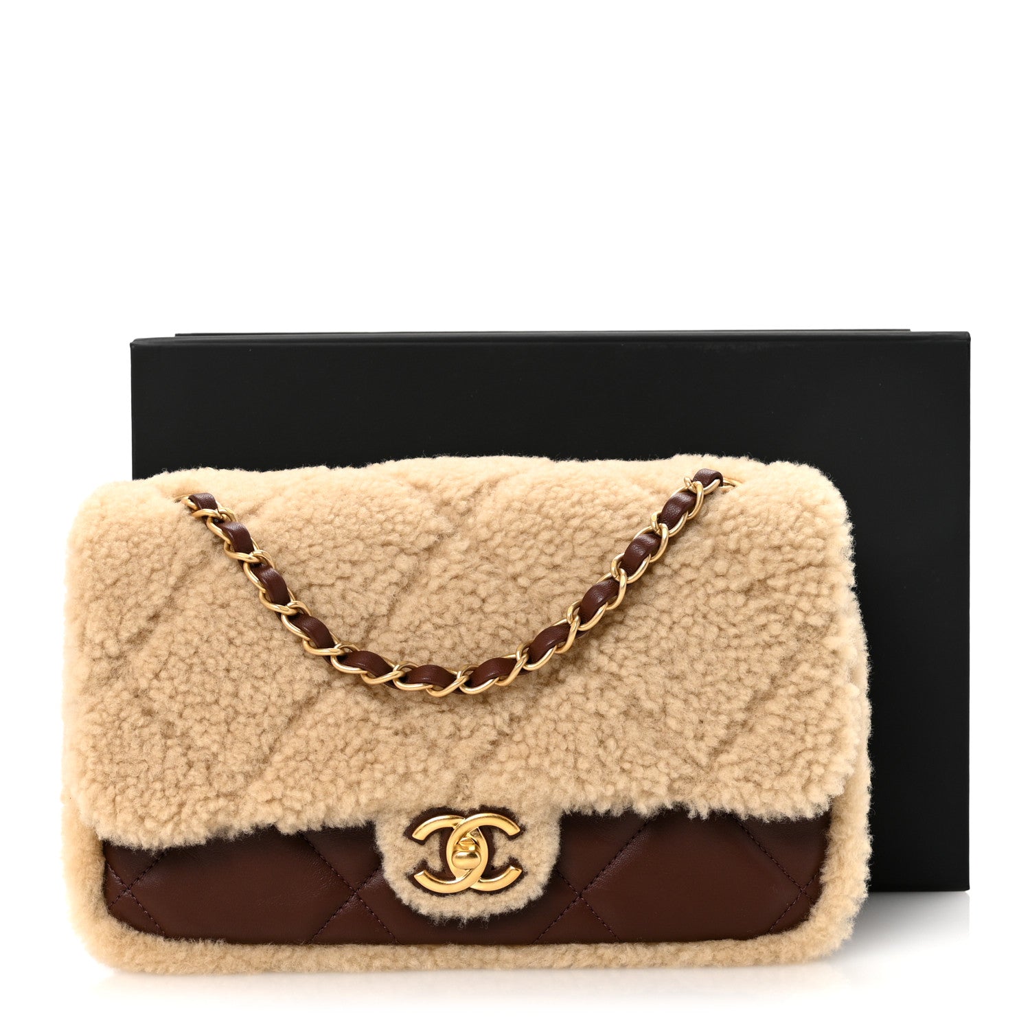 Shearling Lambskin Quilted Furry Coco Flap Beige Dark Brown