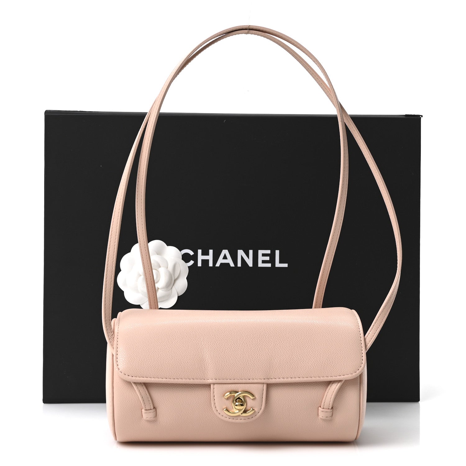 Shiny Caviar Preppy Coco Small Bowling Bag Light Pink