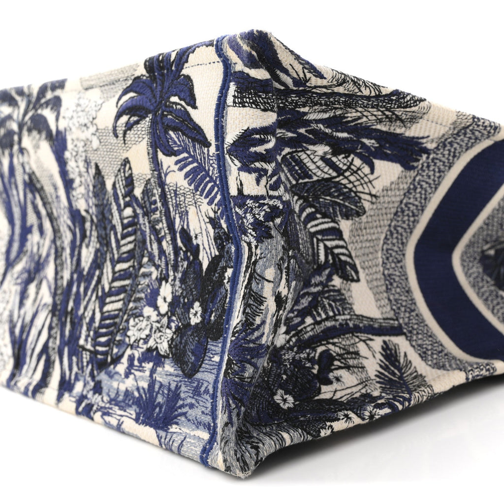 Canvas Embroidered Large Palm Tree Toile De Jouy Book Tote Blue
