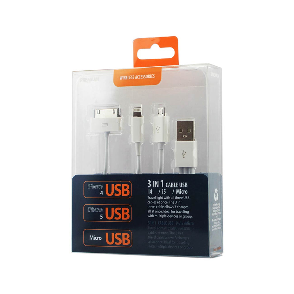 Reiko 8 Pin And Micro Usb Trio 3-In-1 Usb Data Cable 0.58Ft In White