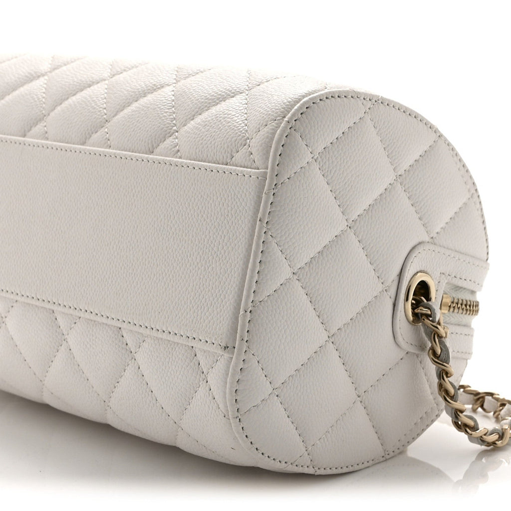 Caviar Quilted Barrel Clutch With Chain White