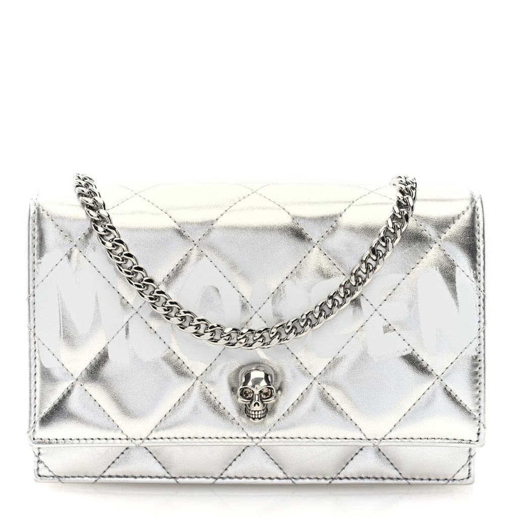 Metallic Calfskin Quilted Graffiti Skull Small Chain Crossbody Bag Silver