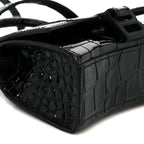 Shiny Calfskin Monochrome Crocodile Embossed Hourglass Top Handle Bag Mini Black