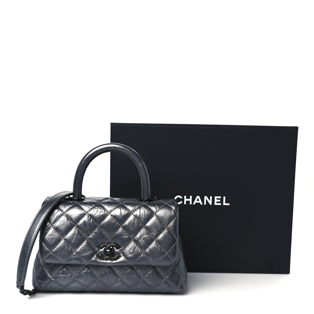 Metallic Aged Calfskin Quilted Mini Coco Handle Flap Charcoal