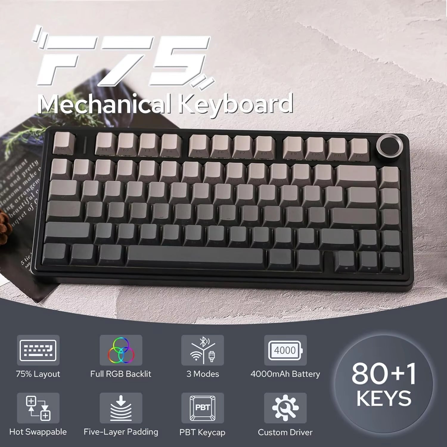 F75 Pro Wireless Mechanical Gaming Keyboard with Gasket Mount, RGB Lighting, Customized 75% Layout, and Side-Engraved PBT Keycaps - Leobog Reaper