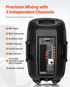 Portable PA System, 2000W (PMPO) Powered, Sound System Set with 3 Channel Mixer, Dual Speakers, Wireless Bluetooth, Microphone, Compact Stands, USB & SD Inputs, Remote Control, for DJs Events