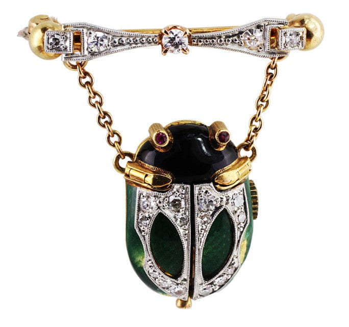 18K Gelbgold Platin Käfer Antik Emaille Jugendstil Anhängeruhr