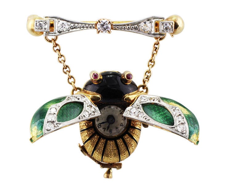 18K Gelbgold Platin Käfer Antik Emaille Jugendstil Anhängeruhr