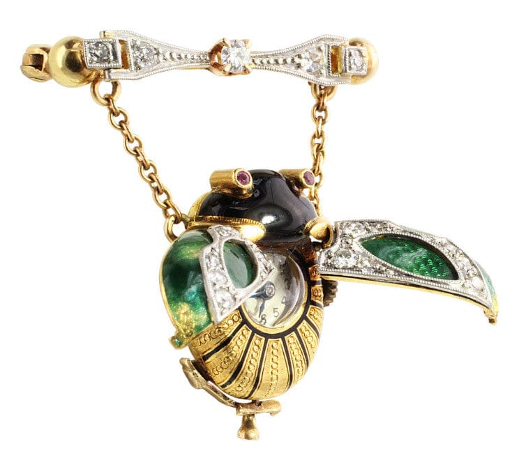 18K Gelbgold Platin Käfer Antik Emaille Jugendstil Anhängeruhr