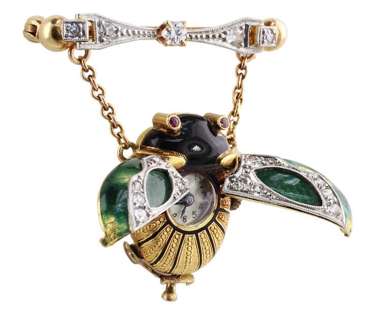 18K Gelbgold Platin Käfer Antik Emaille Jugendstil Anhängeruhr
