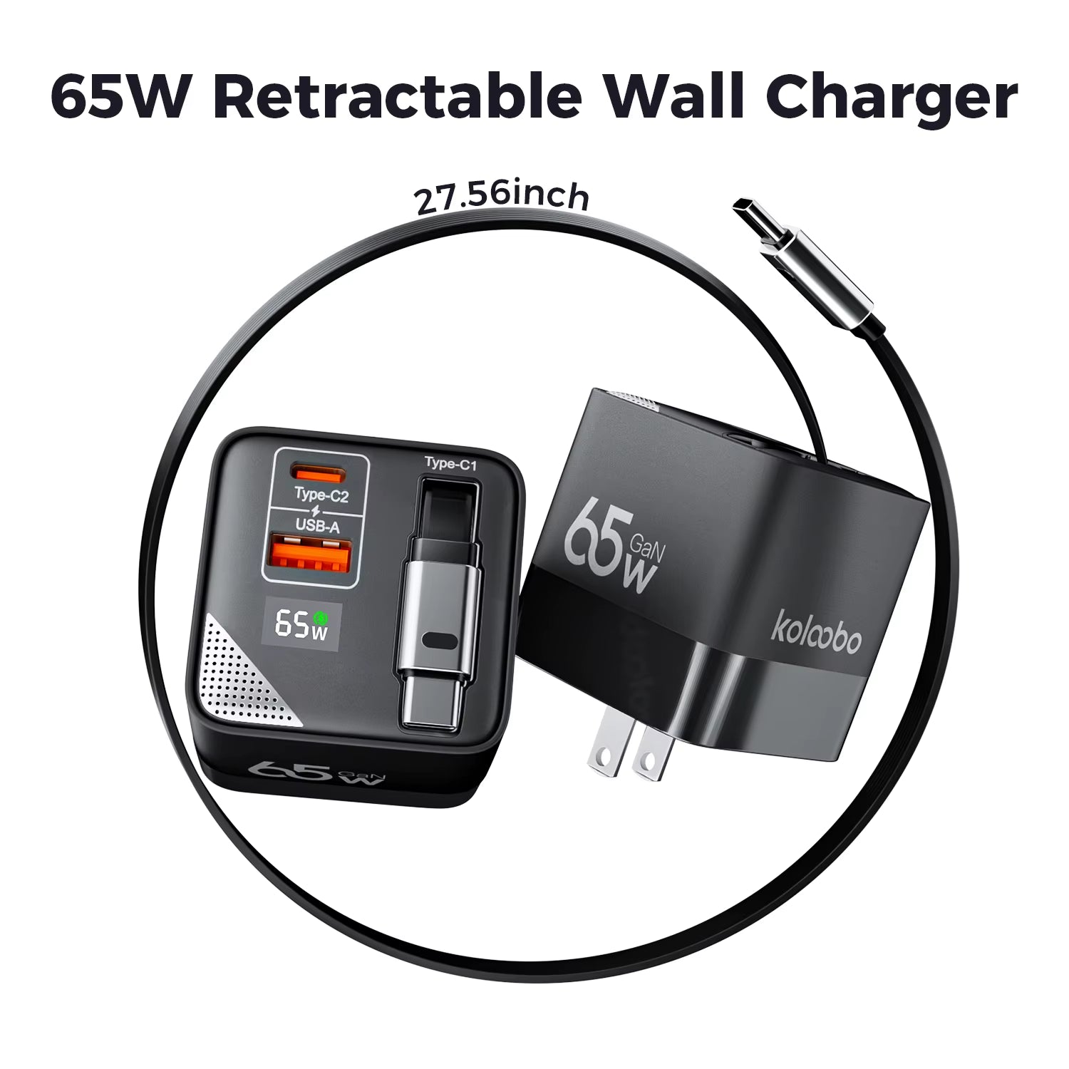 65W GaN Fast Charger with Three Ports and Integrated 80cm Retractable Type-C Cable for iPhone 16/15/14/13 Pro Max, Xiaomi, and Samsung Devices