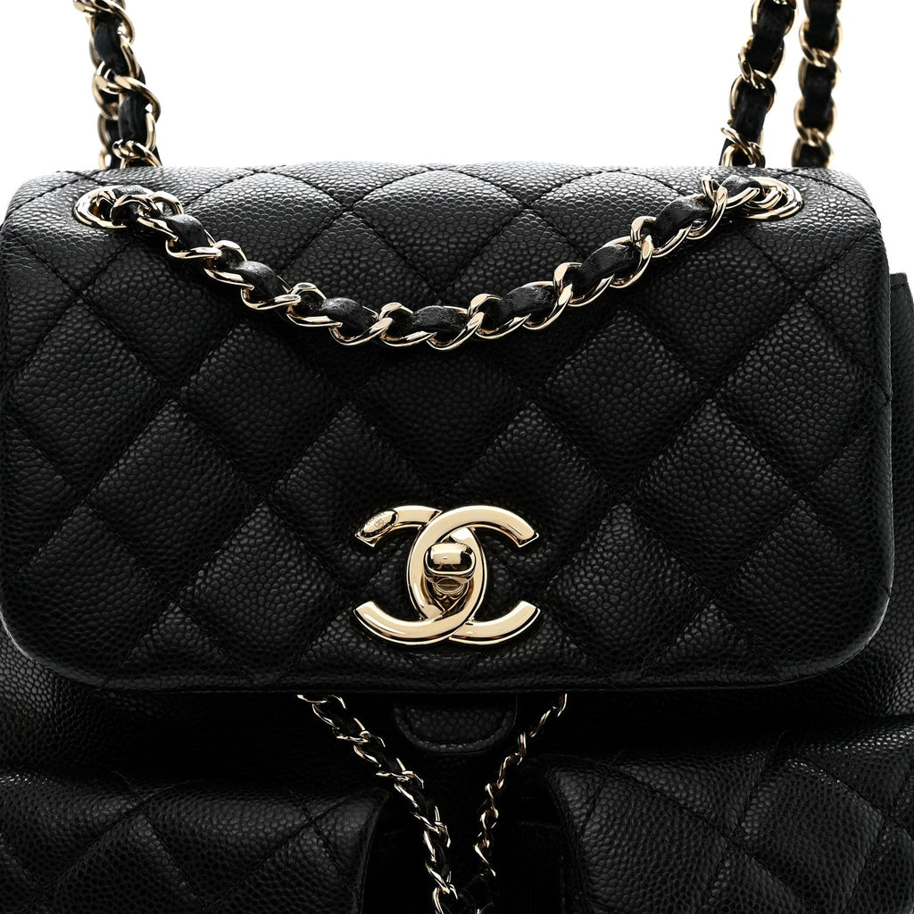 Shiny Caviar Quilted Medium Duma Pockets Drawstring Backpack Black