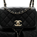 Shiny Caviar Quilted Medium Duma Pockets Drawstring Backpack Black