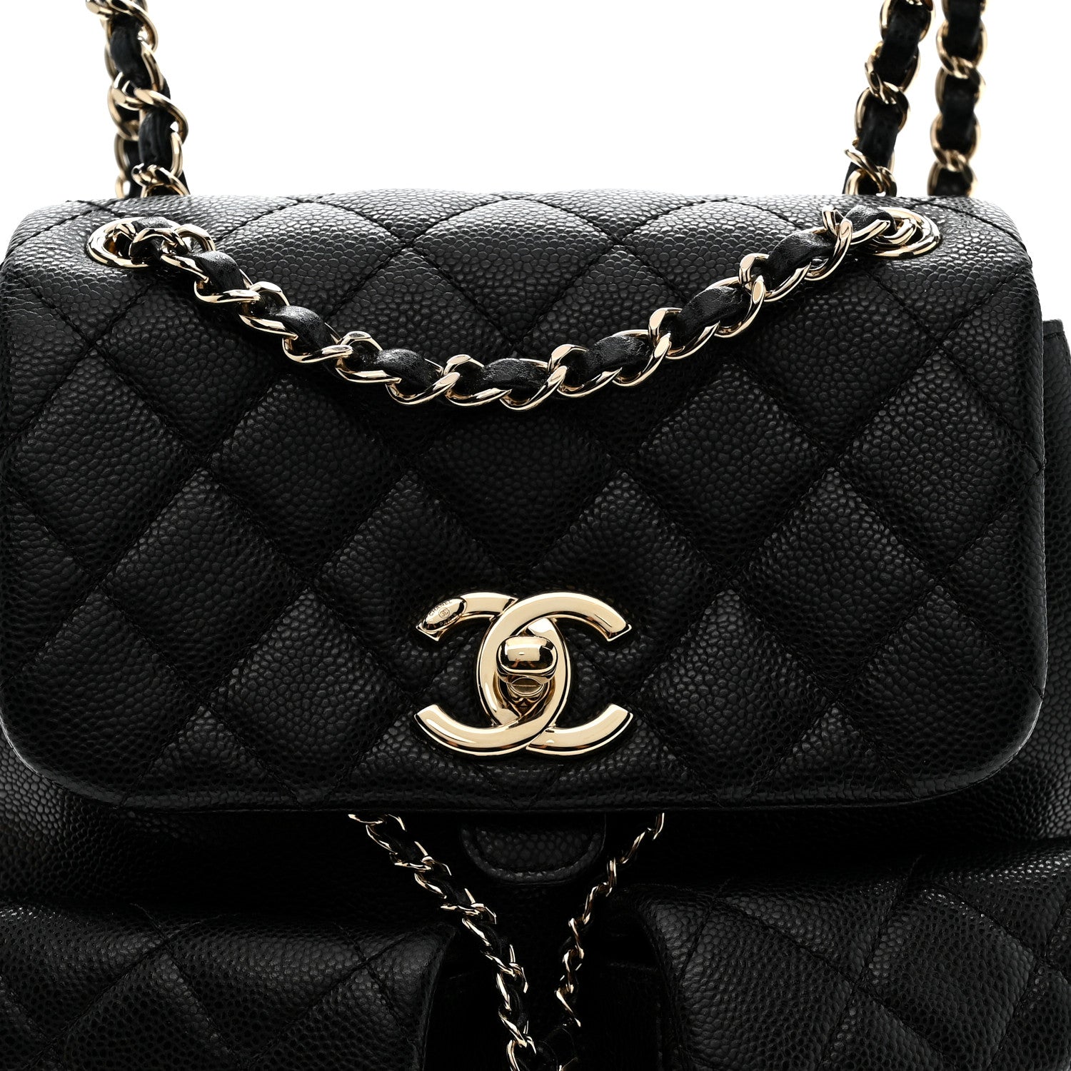 Shiny Caviar Quilted Medium Duma Pockets Drawstring Backpack Black