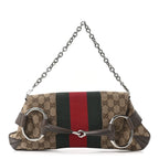 Monogram Textured Dollar Calfskin Heavy Grosgrain Web Medium Maxi Horsebit Chain Shoulder Bag Beige Ebony New Acero