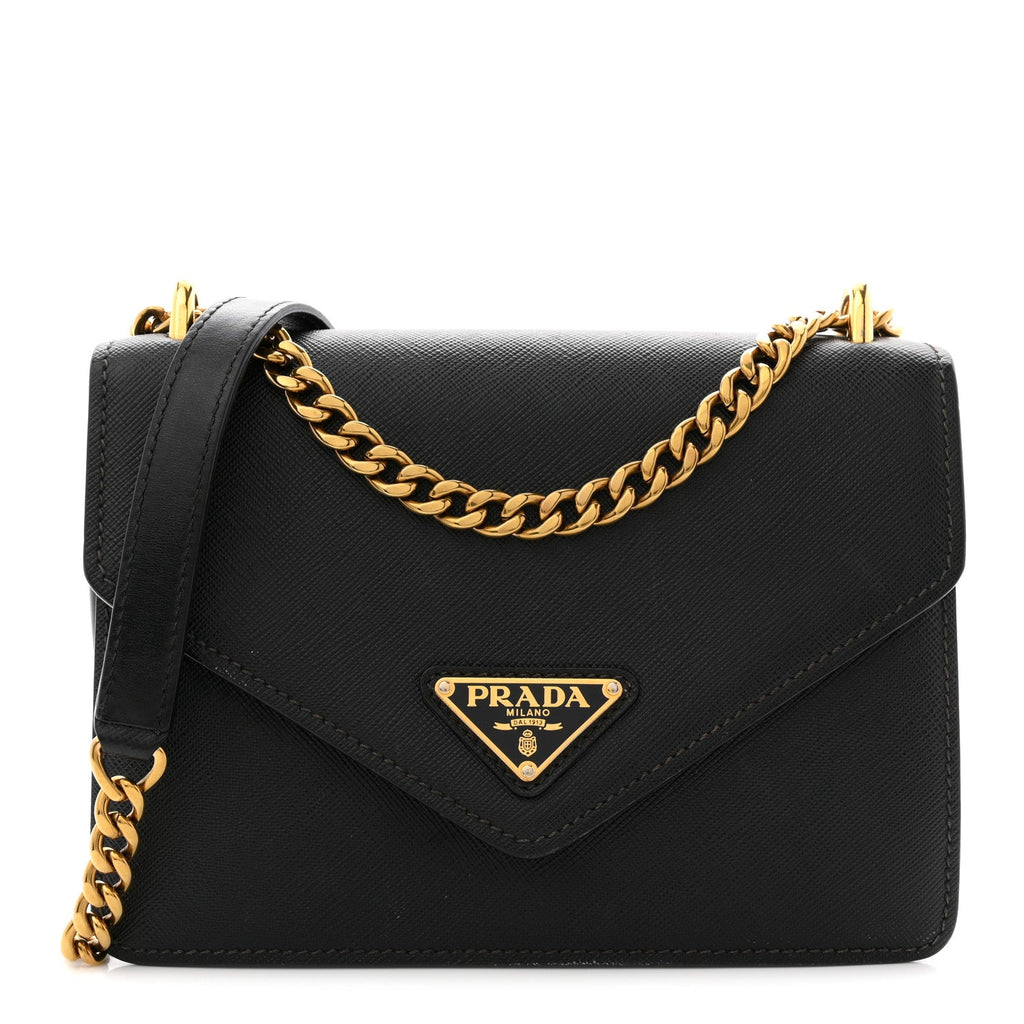 Saffiano Soft Calfskin Metal Triangle Logo Envelope Chain Shoulder Bag Black