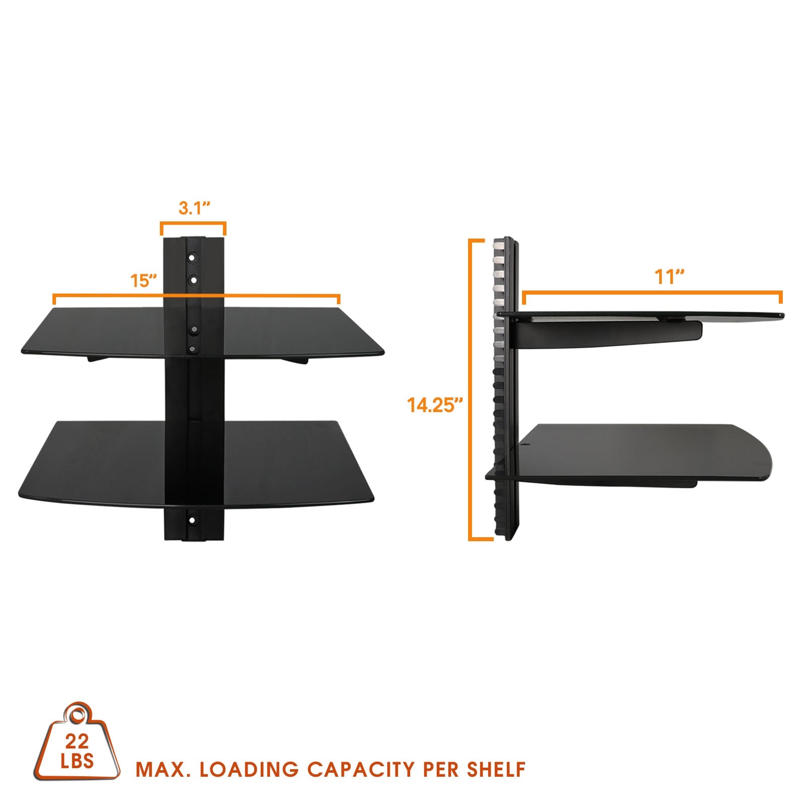 Tempered Glass Double Shelf Single Stud Wall Mount