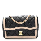 Shiny Lambskin Quilted Half Mini Flap Black Beige