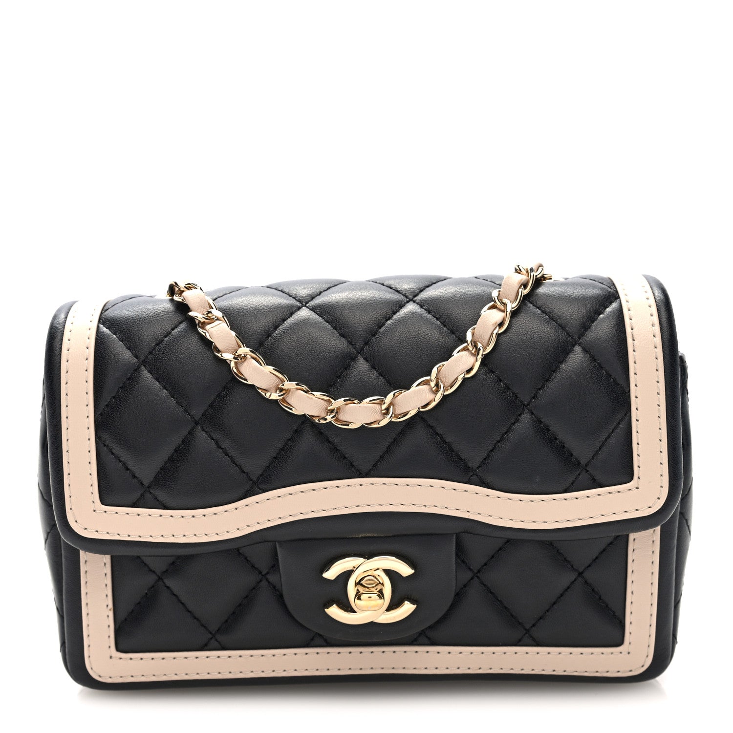 Shiny Lambskin Quilted Half Mini Flap Black Beige