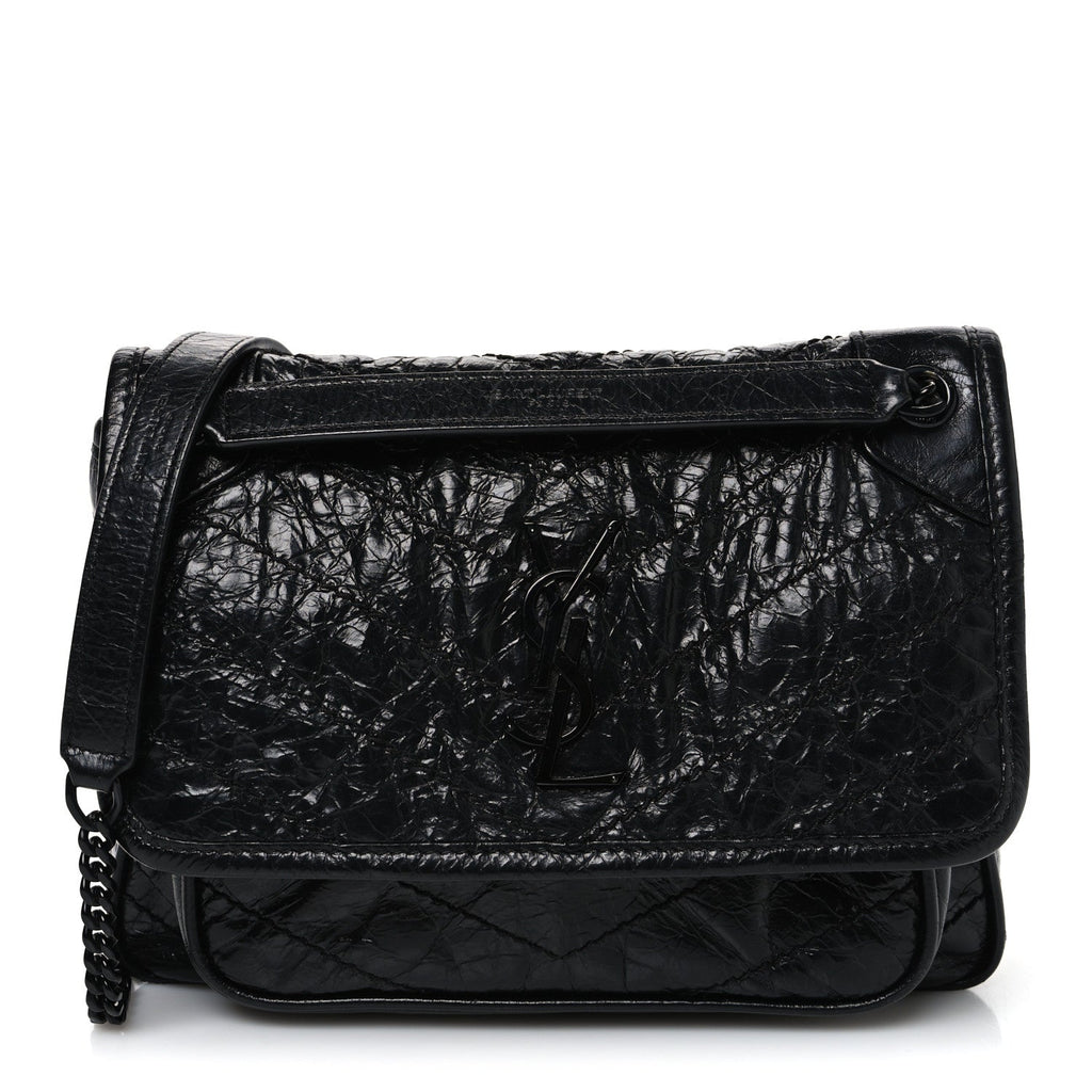 Crinkled Calfskin Matelasse Monogram Baby Niki Chain Satchel Black
