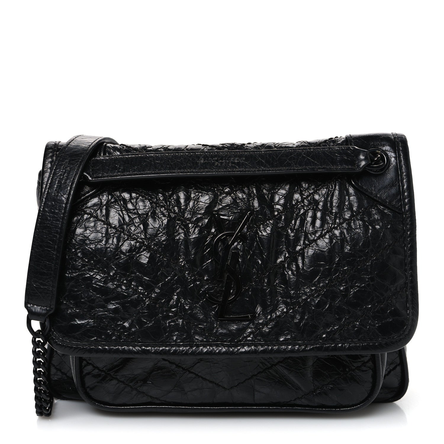 Crinkled Calfskin Matelasse Monogram Baby Niki Chain Satchel Black