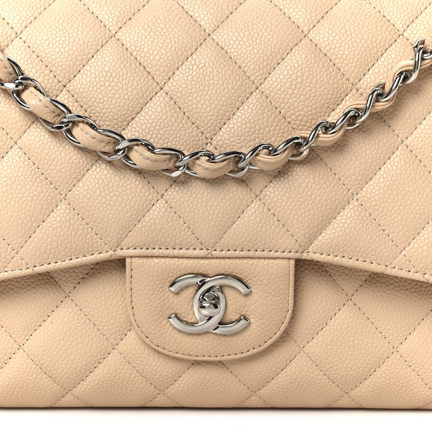 Caviar Quilted Jumbo Double Flap Beige