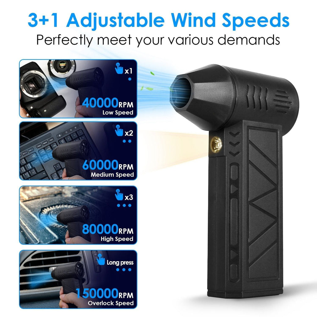 Compressed Air Duster with LED Light Up to 150000RPM Speed for PC Keyboard Cleaning High Speed Rechargeable Cordless Air Blower with 4 Speeds for Home Car Outdoor