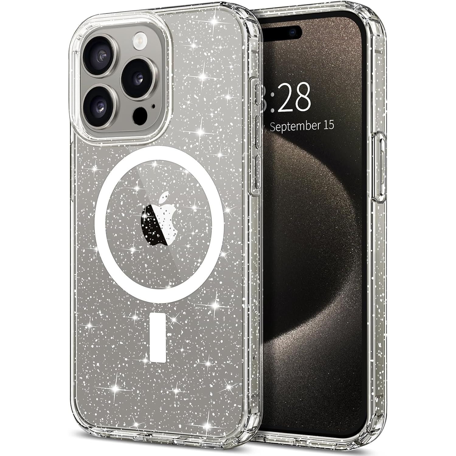 Entronix [Magnetic] Case Compatible with iPhone 15 Pro Max - [Hard Back] Glitter Clear