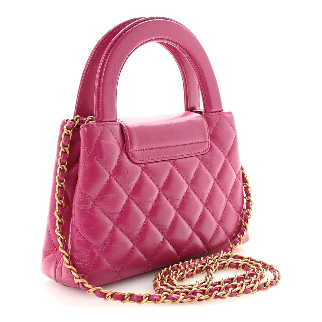 Shiny Aged Calfskin Quilted Nano Kelly Shopper Dark Pink