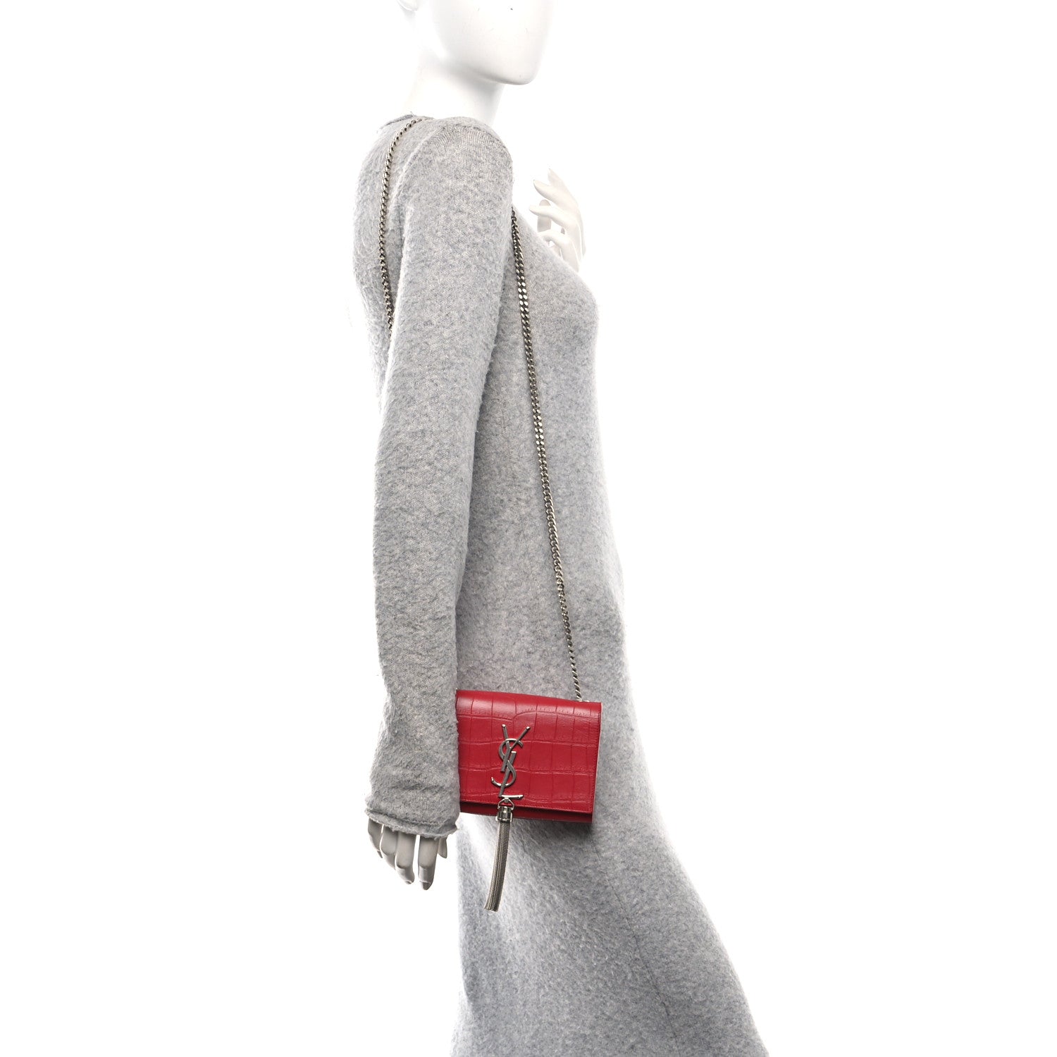 Calfskin Crocodile Embossed Small Classic Monogram Kate Tassel Satchel Red