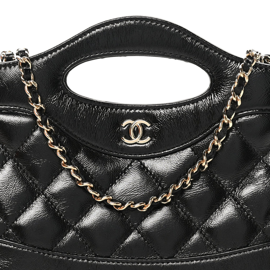 Shiny Crumpled Calfskin Quilted Nano 31 Shopping Bag Black