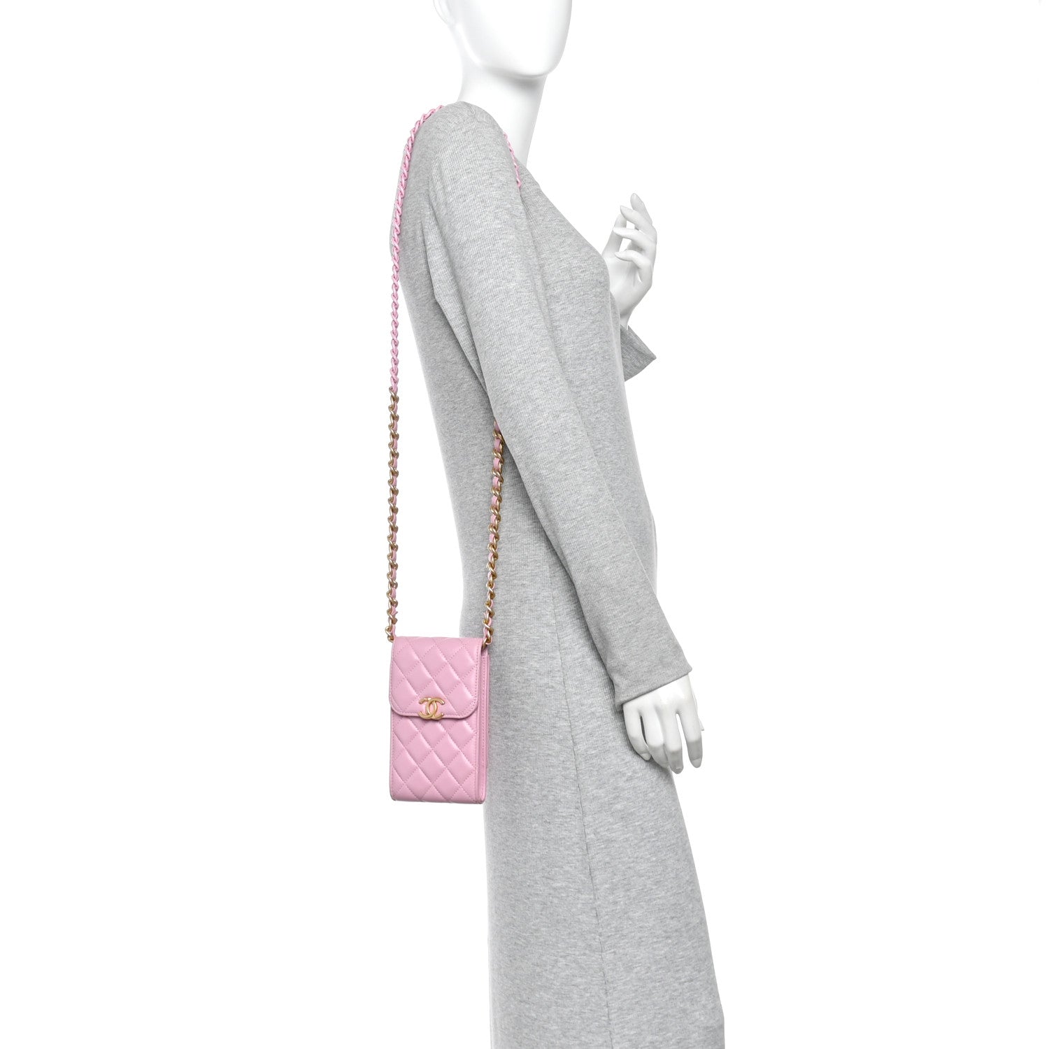 Lambskin Quilted Lacquered Chain Phone Holder With Chain Dark Pink