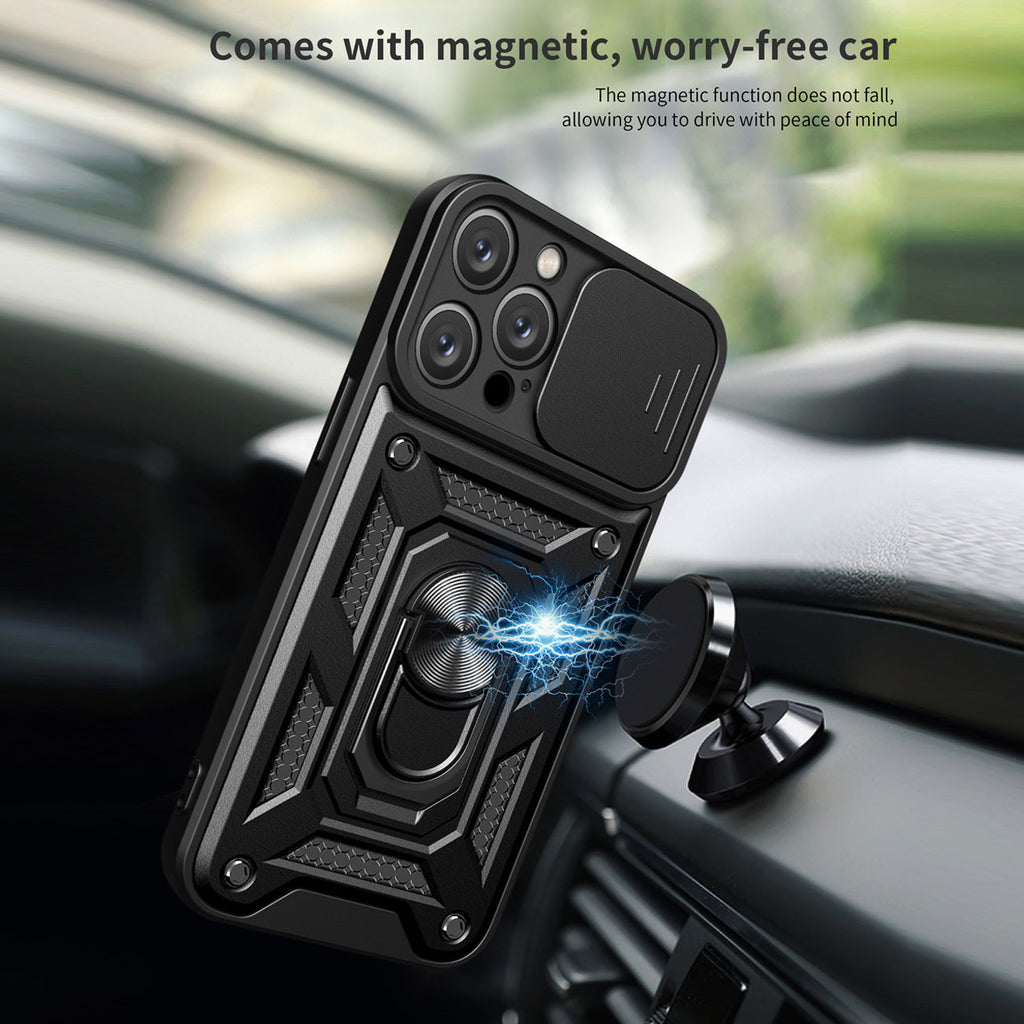 Kickstand Ring Holder With Slide Camera Cover Tpu Magnetic Car Mount For Apple Iphone 14 Pro Max In Black