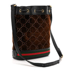 Velvet GG Monogram Textured Calfskin Web Bucket Bag Brown Black
