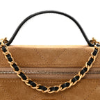 Suede Calfskin Shiny Lambskin Quilted Top Handle Slim Vanity Case With Chain Beige Black